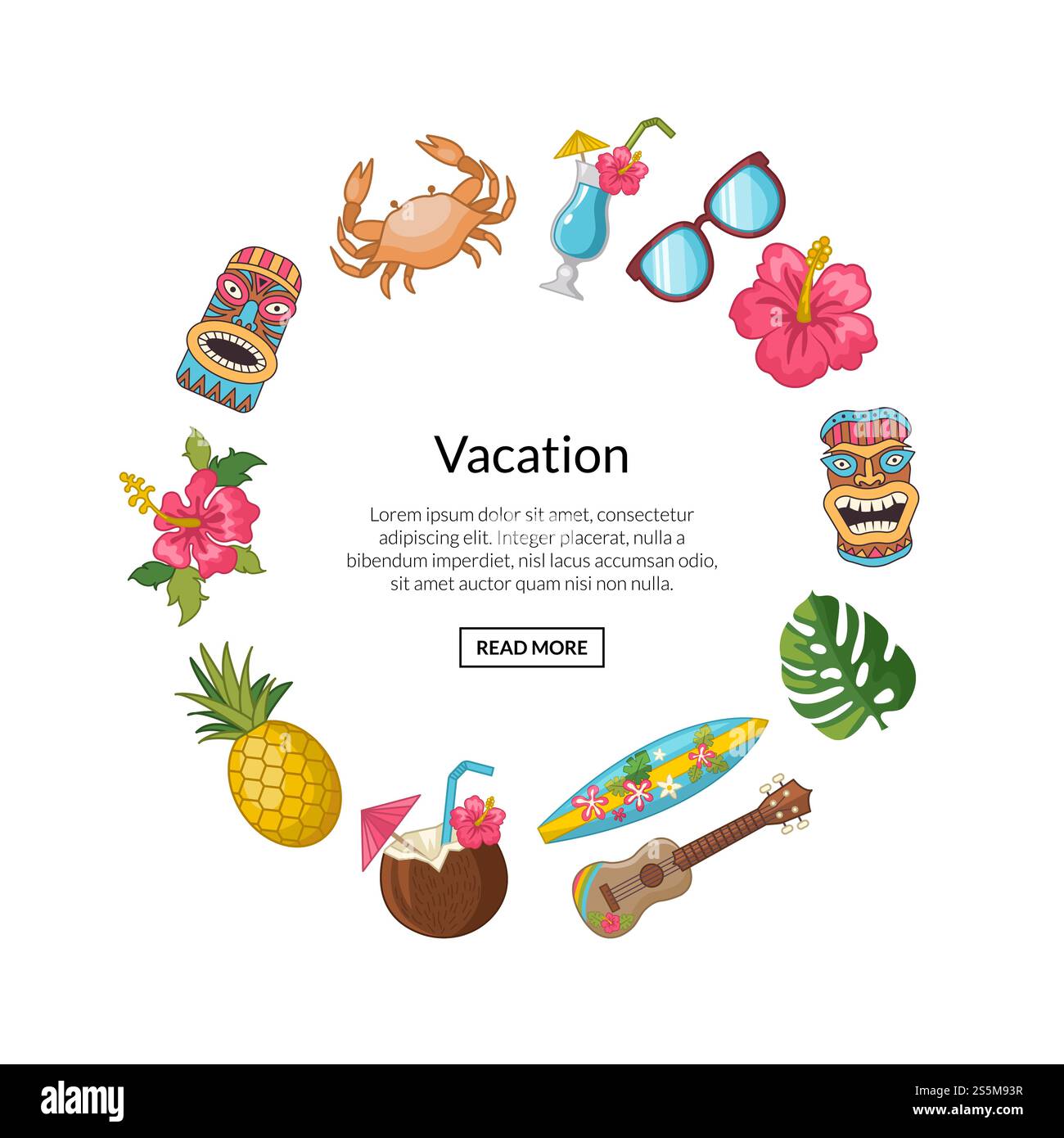 Elementi vettoriali da viaggio estivi a forma di cerchio con spazio per illustrazioni di testo isolate su sfondo bianco. Elementi vettoriali da viaggio estivi a forma di cerchio con spazio per l'illustrazione del testo Illustrazione Vettoriale