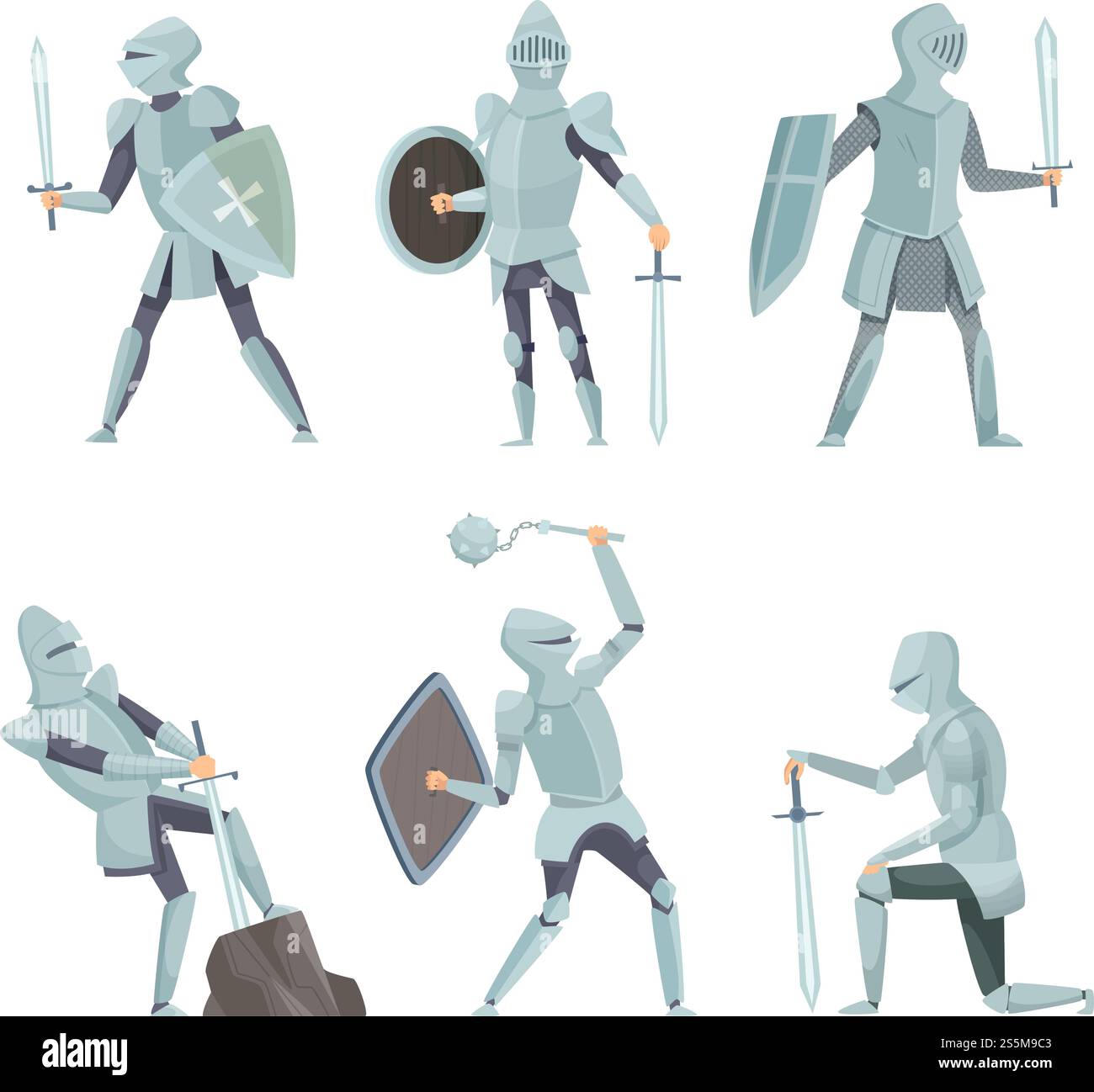 Cavalieri dei cartoni animati. Guerriero medievale sui personaggi dei cartoni animati vettoriali a cavallo in pose d'azione. Guerriero cavaliere soldato in posa diversa. Cavalieri dei cartoni animati. Guerriero medievale sui personaggi dei cartoni animati vettoriali a cavallo in pose d'azione Illustrazione Vettoriale