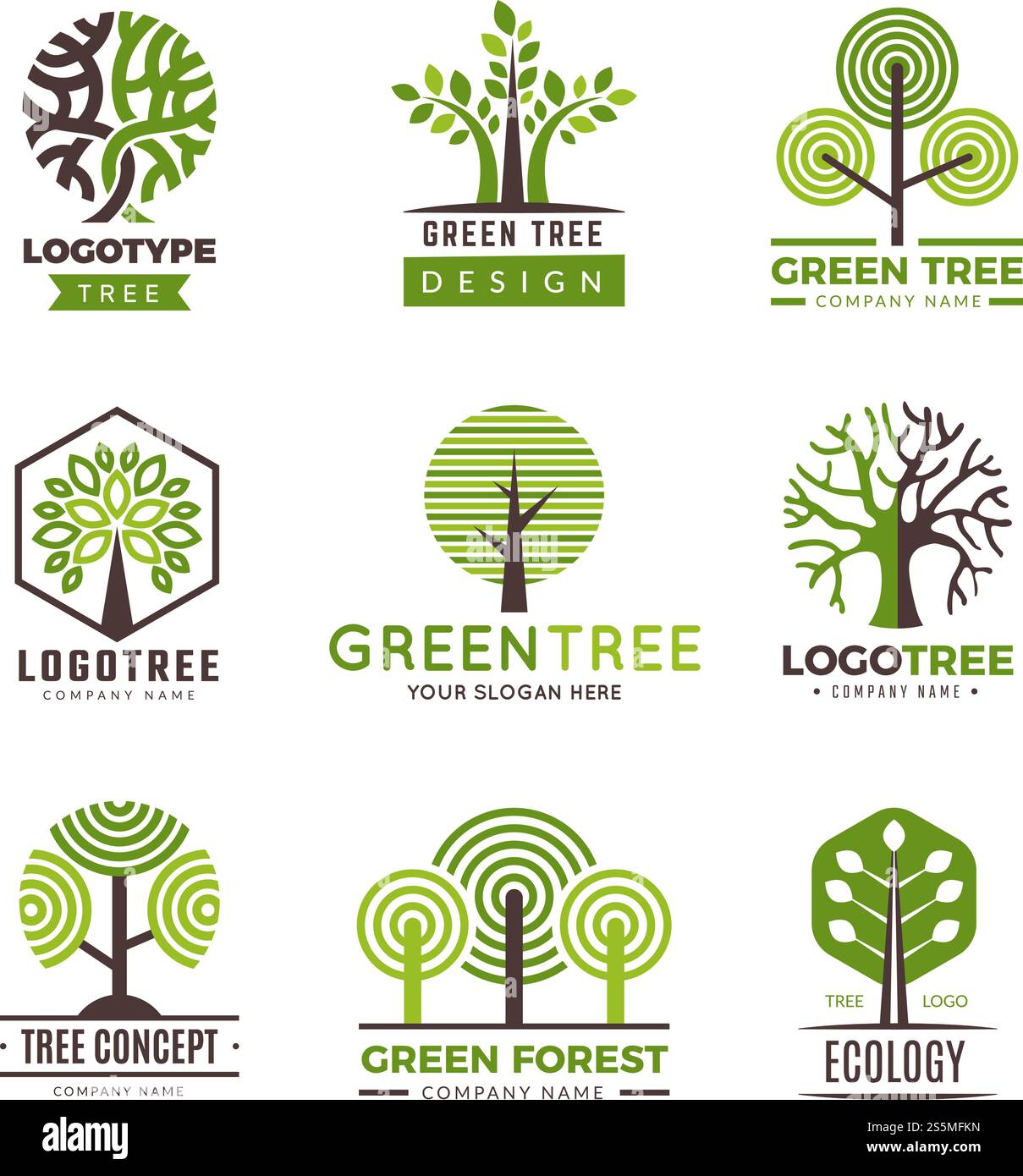 Logotipi ad albero. Simboli verdi ecologici legno alberi stilizzati piante logo vettoriale. Illustrazione di un albero di legno ecologico, logotipo biologico ecologico. Logotipi ad albero. Simboli verdi ecologici legno alberi stilizzati piante logo vettoriale Illustrazione Vettoriale