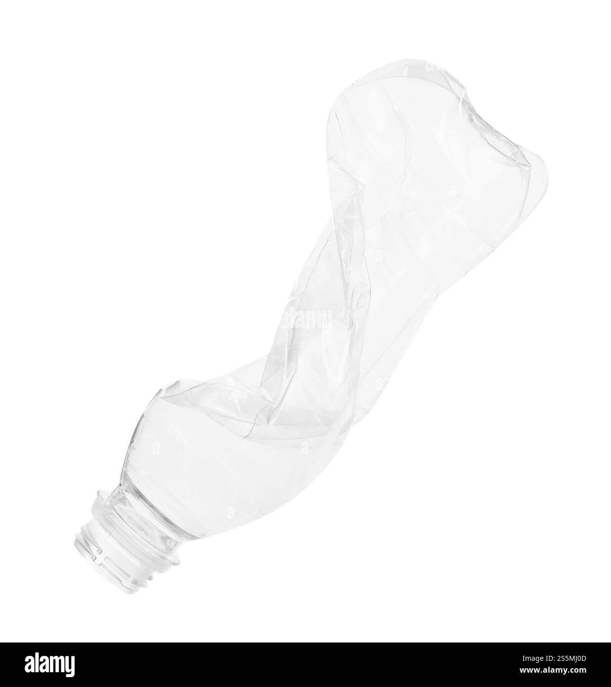 Un flacone di plastica deformato isolato su bianco Foto Stock