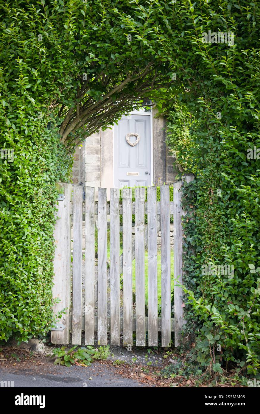 Cancello del giardino e siepe di fronte ad una vecchia casa di pietra storica con porta frontale dipinta di grigio chiaro. Vicino a Pateley Bridge, Nidderdale, Yorkshire D Foto Stock
