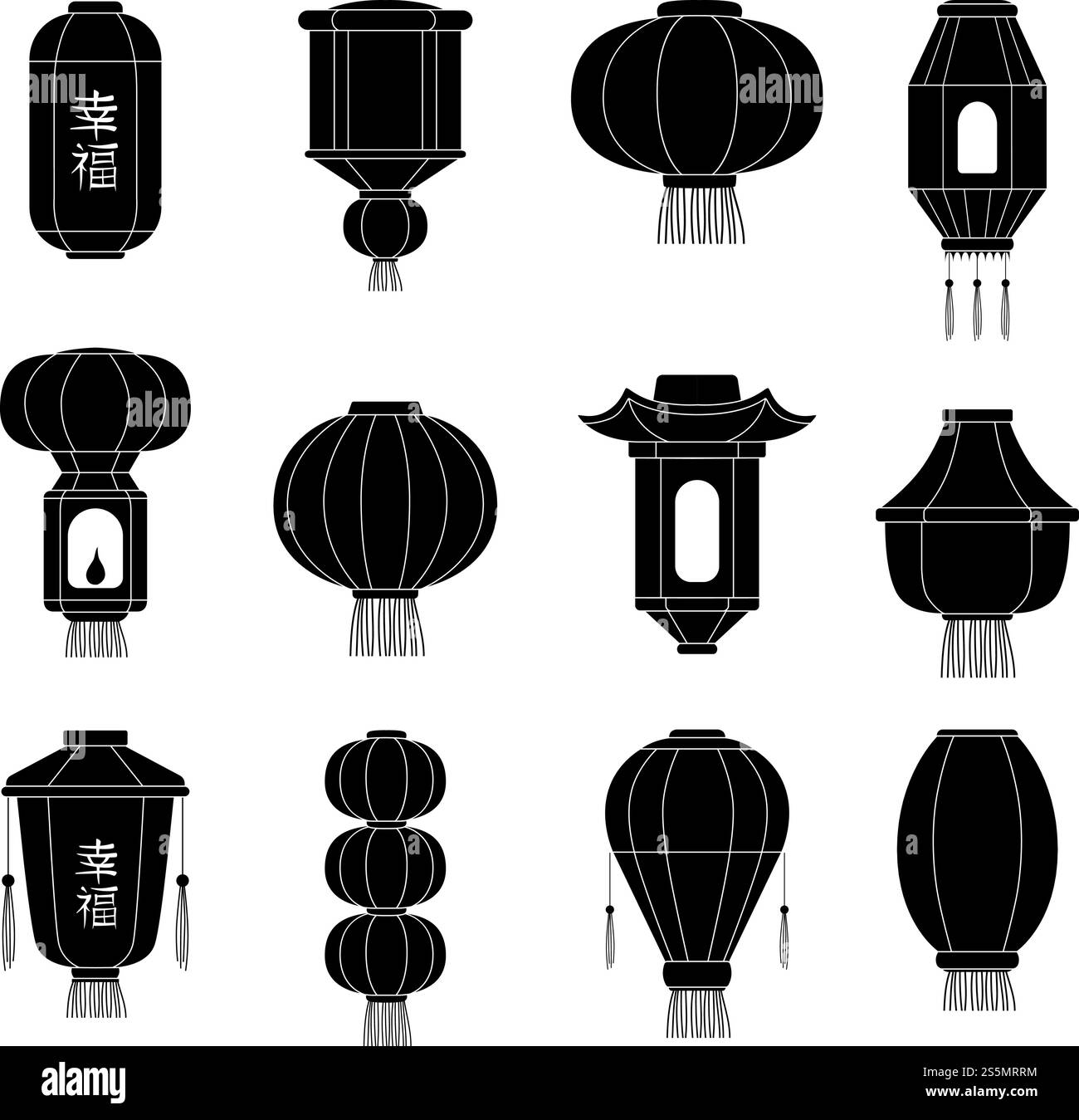 Silhouette lanterna cinese. Lanterne di carta asiatiche giapponesi al festival chinatown illustrazioni vettoriali di cartoni animati. Lanterna cina silhouette, lampada carta cinese. Silhouette lanterna cinese. Lanterne di carta asiatiche giapponesi al festival chinatown illustrazioni vettoriali di cartoni animati Illustrazione Vettoriale