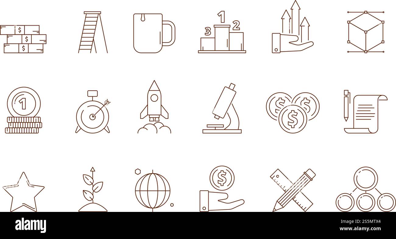 Simboli di avvio. Business idea franchising produzione creativa sviluppo marketing strategia perfetta Rocket Vector line icon Collection. Illustrazione delle icone di avvio, sviluppo e avvio del razzo. Simboli di avvio. Business idea franchising produzione creativa sviluppo marketing strategia perfetta Rocket Vector line icon Collection Illustrazione Vettoriale