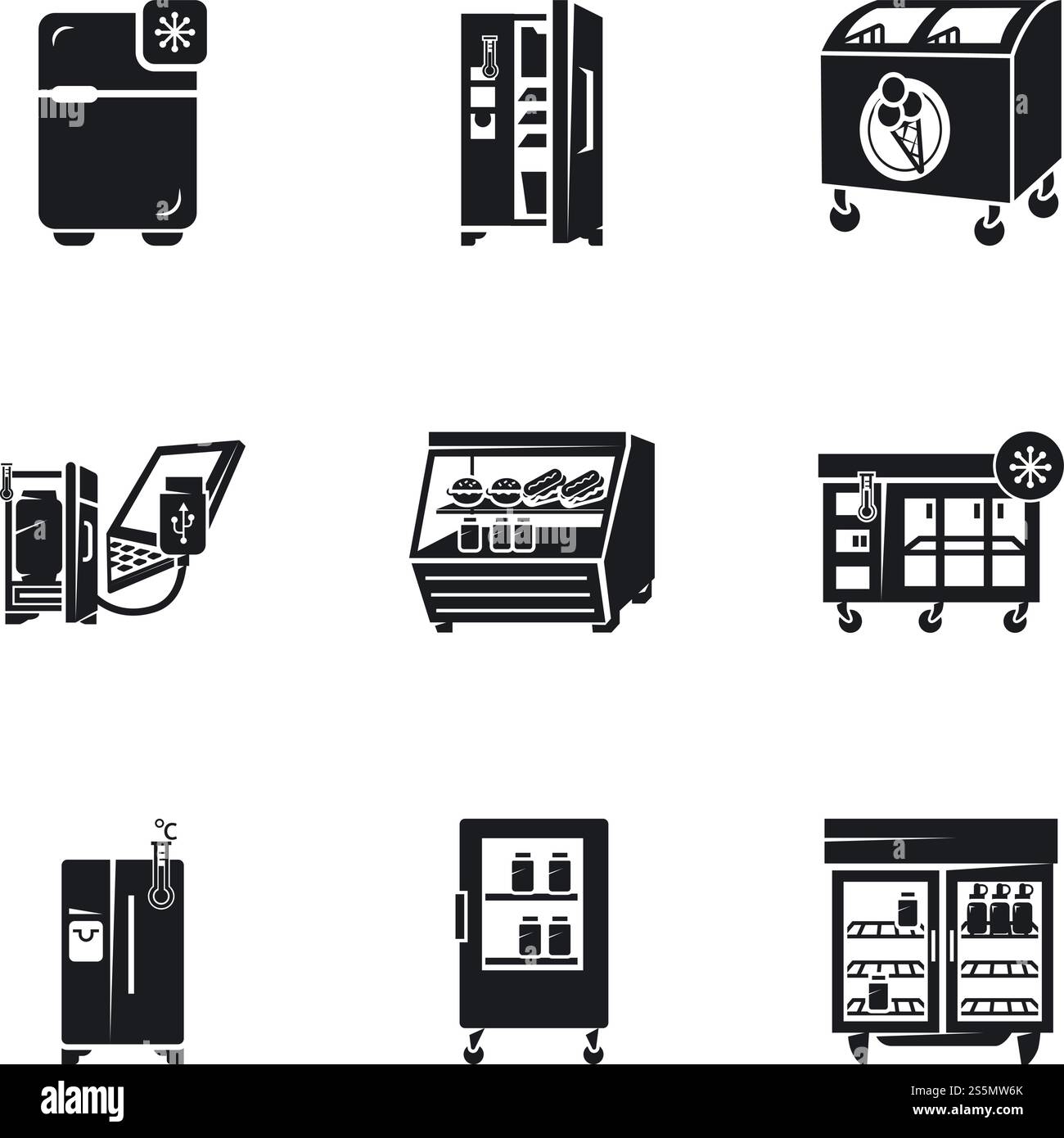 Set di icone frigorifero. Semplice set di 9 icone vettoriali per il design Web isolate su sfondo bianco. Set di icone del frigorifero, stile semplice Illustrazione Vettoriale