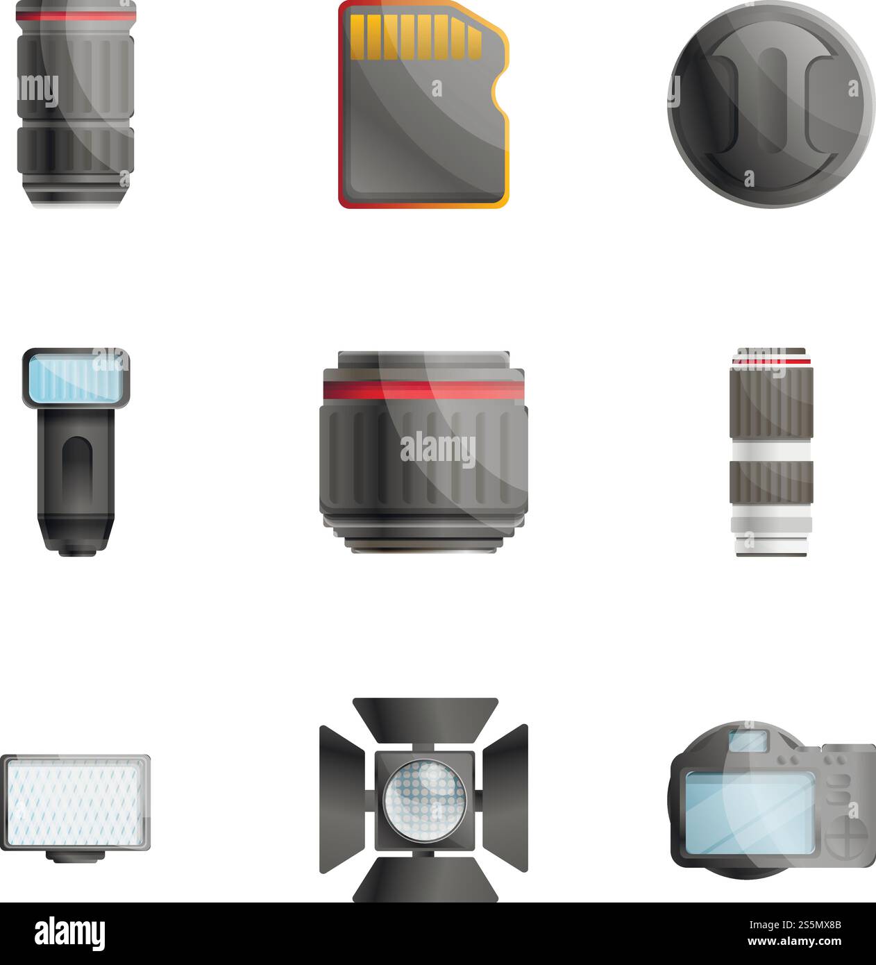 Set di icone degli strumenti per le foto della fotocamera. Set cartoni animati di 9 strumenti fotografici icone vettoriali per la progettazione Web isolate su sfondo bianco. Set di icone degli strumenti fotografici della fotocamera, stile cartone animato Illustrazione Vettoriale