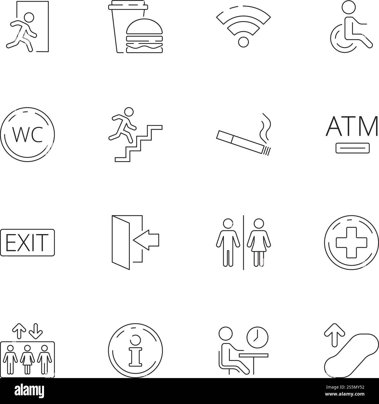 Simboli di navigazione pubblici. Il posto del cibo della persona del bagno forma l'icona del vettore dell'ascensore del cibo. Illustrazione del simbolo pubblico della toilette, dell'ascensore e dell'area fumatori. Simboli di navigazione pubblici. Il posto del cibo della persona del bagno forma l'icona del vettore dell'ascensore del cibo Illustrazione Vettoriale