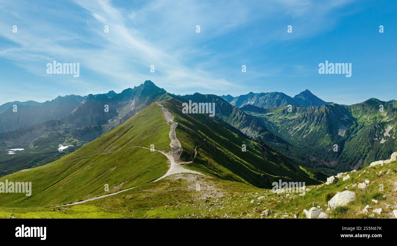 Dei monti Tatra, Polonia, vista a valle Gasienicowa, gruppo di laghi glaciali e monte Swinica Foto Stock
