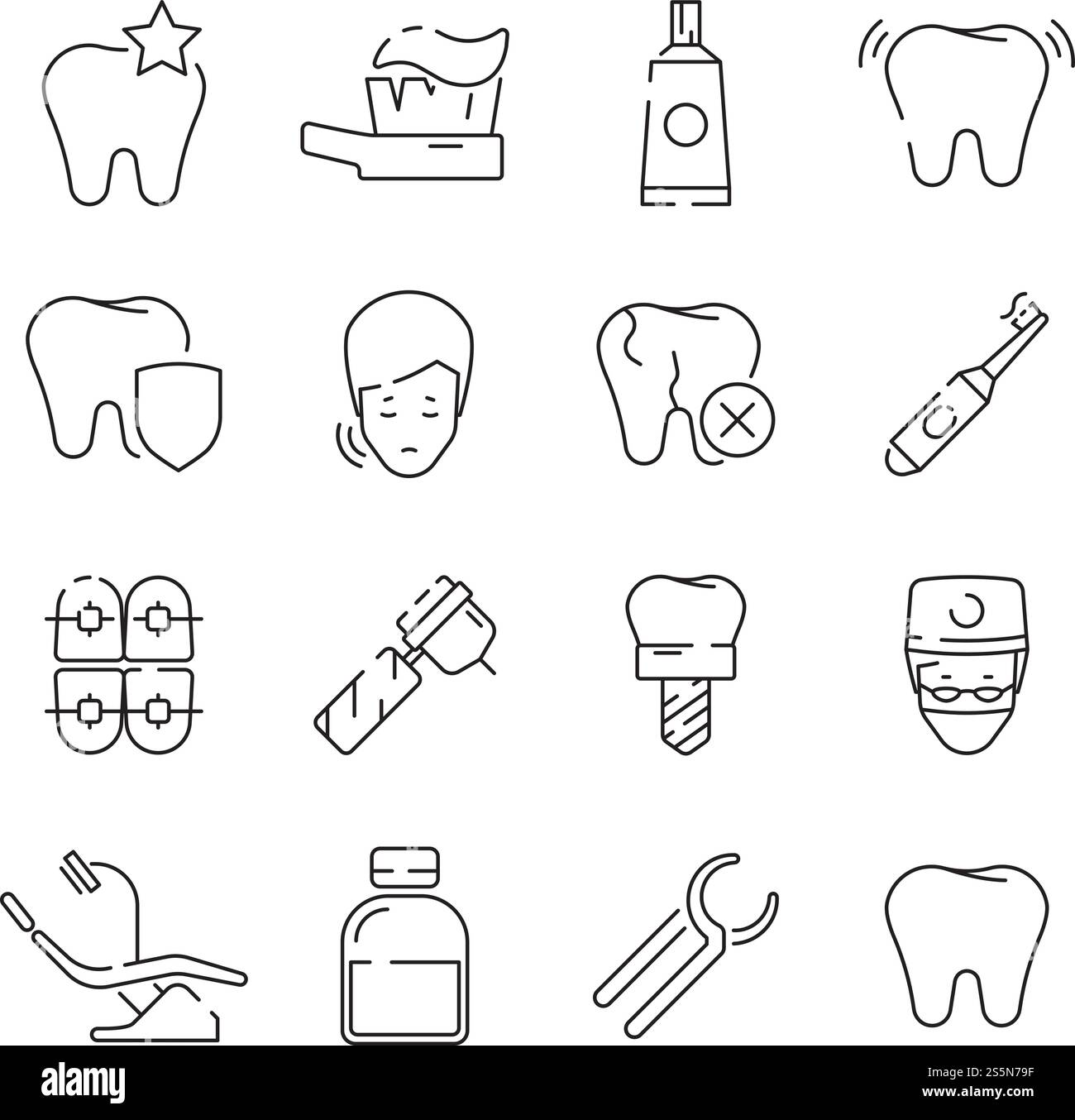 Icone dentarie. Protezione medica rimozione dei denti simboli sanitari vettoriale immagine lineare sottile. Illustrazione del set di icone di stomatologia. Icone dentarie. Protezione medica rimozione dei denti simboli sanitari vettoriale immagine lineare sottile Illustrazione Vettoriale