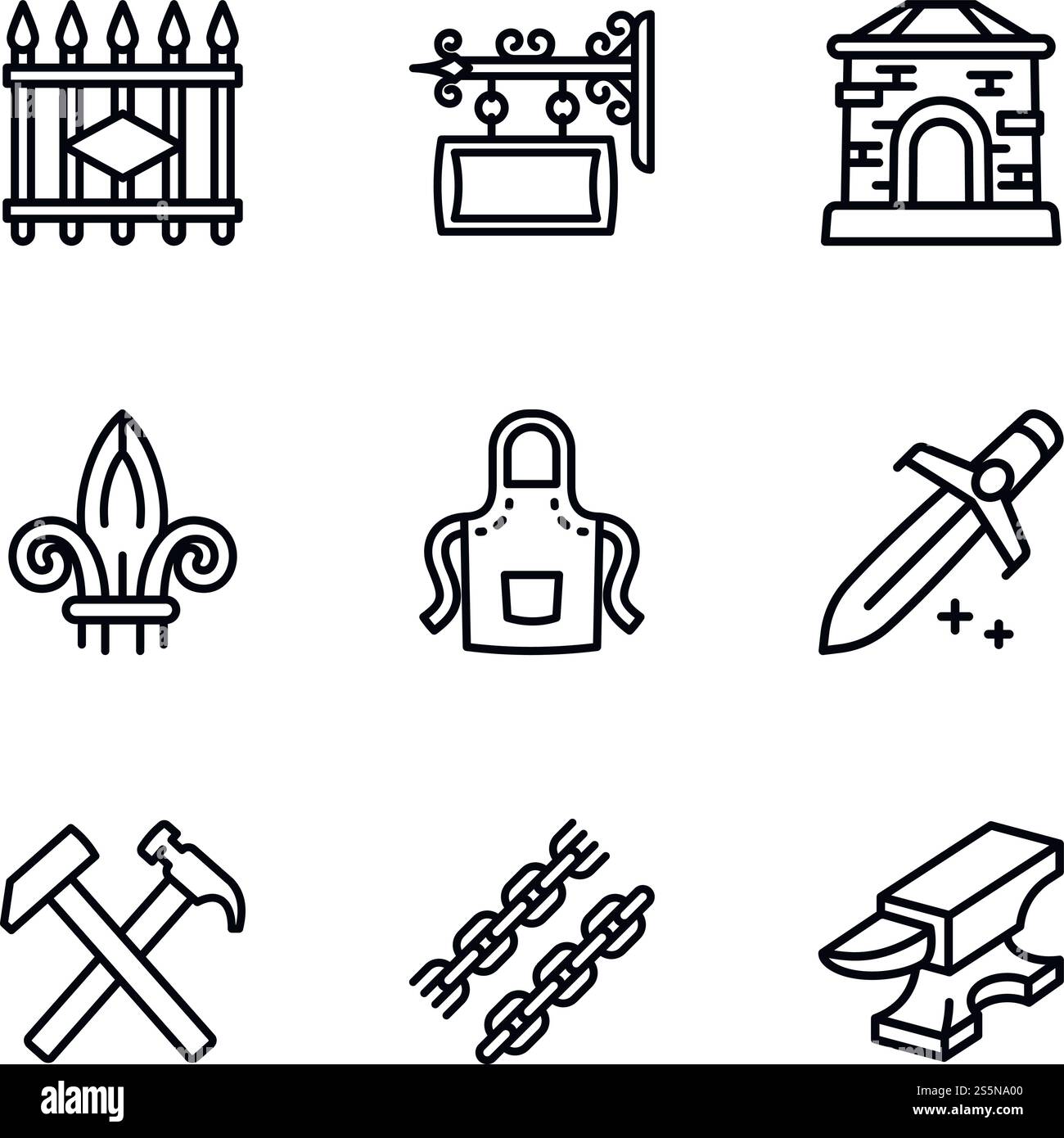 Set di icone della collezione fabbro. Set di 9 icone vettoriali della collezione Blacksmith per il web design isolate su sfondo bianco. Set di icone della collezione di fabbri, stile del contorno Illustrazione Vettoriale
