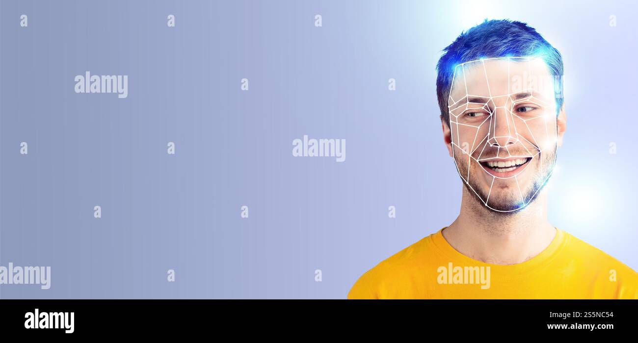 La tecnologia moderna consente il riconoscimento facciale per un'identificazione sicura Foto Stock