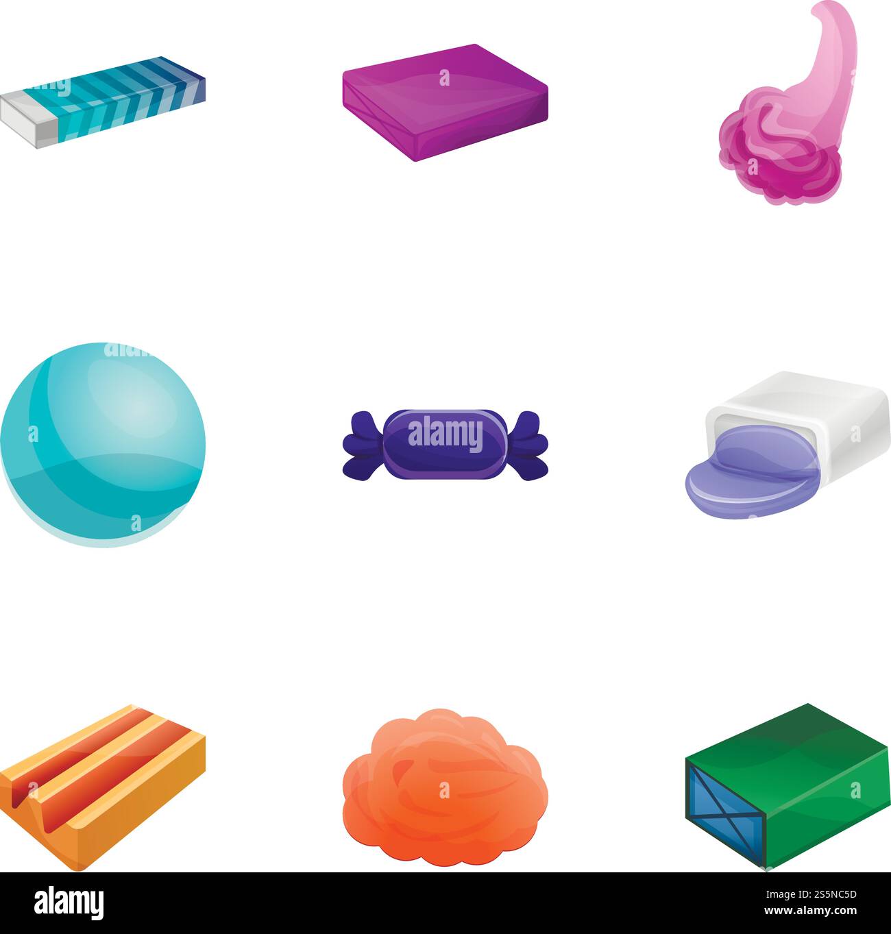 Set di icone della gomma da frutta. Set cartoni animati di 9 icone vettoriali di gomme di frutta per il web design isolate su sfondo bianco. Set di icone della gomma da frutta, stile cartoni animati Illustrazione Vettoriale