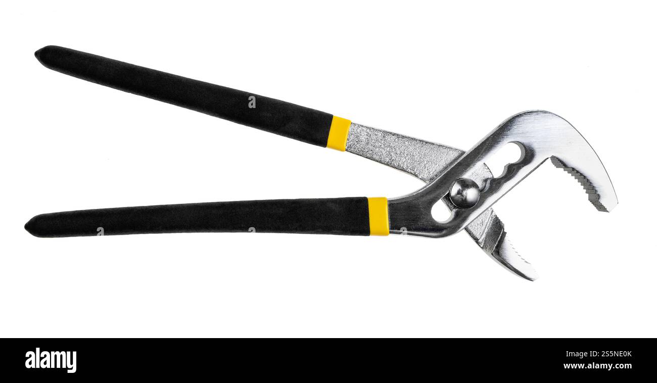 chiave per tubi regolabile aperta isolata su sfondo bianco Foto Stock