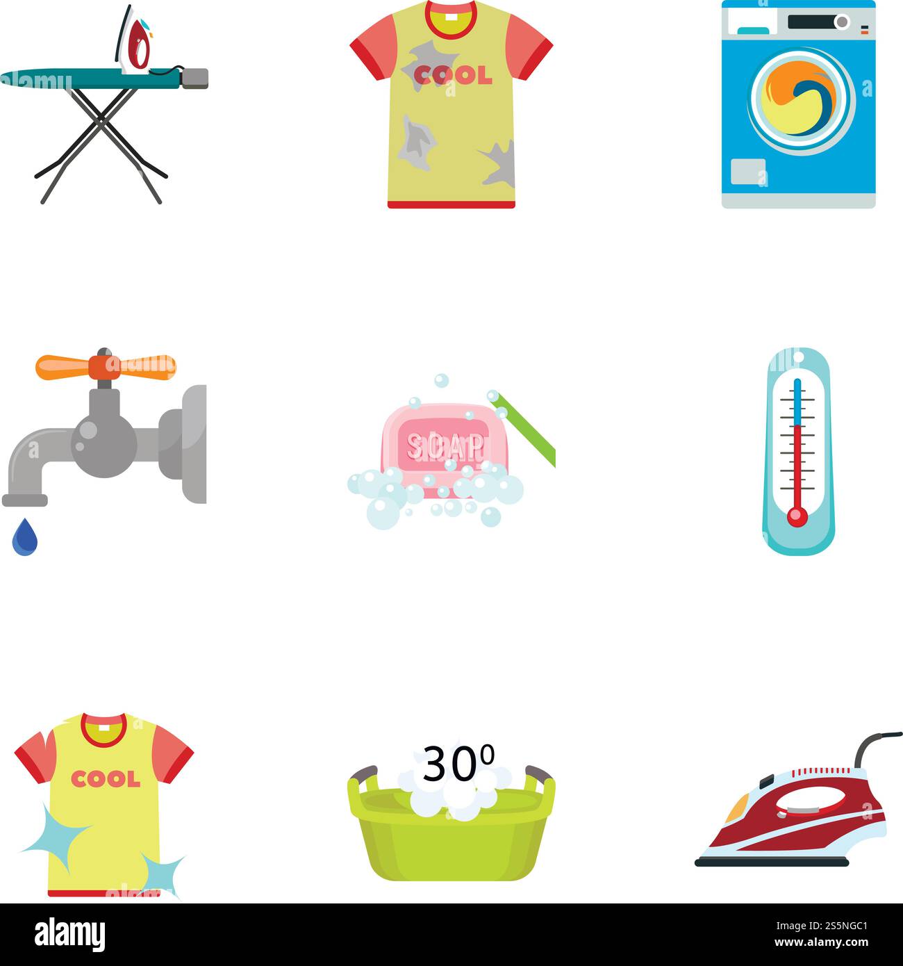 Set di icone per la lavanderia domestica. Set piatto di 9 icone vettoriali per la lavanderia domestica per il web design isolate su sfondo bianco. Set iconico di lavanderia per la casa, stile piatto Illustrazione Vettoriale