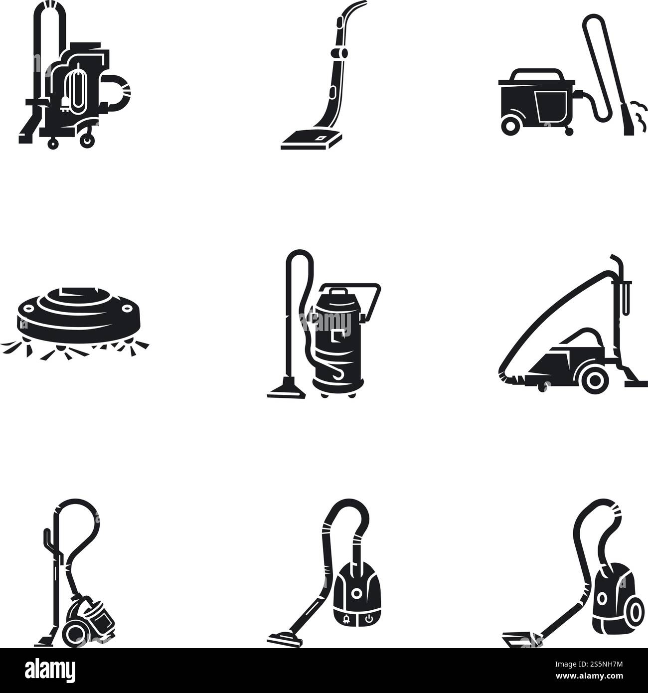 Set di icone per aspirapolvere moderno. Semplice set di 9 icone vettoriali per aspirapolvere moderno, isolate su sfondo bianco. Set di icone per aspirapolvere moderno, stile semplice Illustrazione Vettoriale