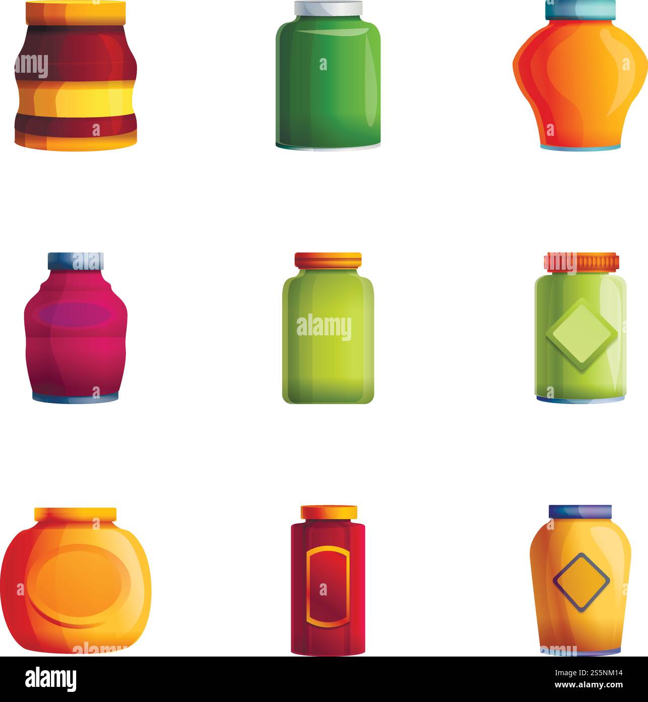 Set di icone del vaso di inceppamento iniziale. Set cartoni animati di 9 icone vettoriali di Jam Jam per la progettazione Web isolate su sfondo bianco. Set di icone di vasetti per marmellate in casa, stile cartone animato Illustrazione Vettoriale