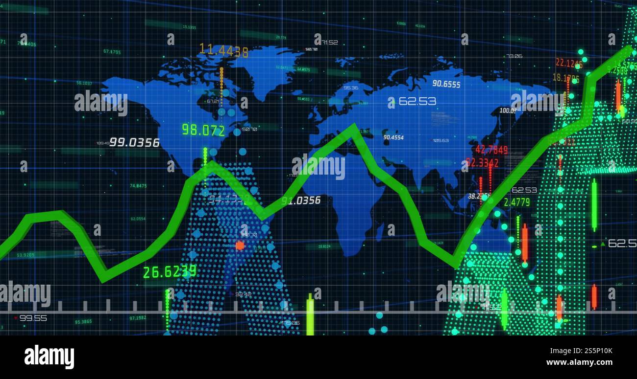Immagine dell'elaborazione dei dati finanziari sulla mappa mondiale su sfondo nero Foto Stock
