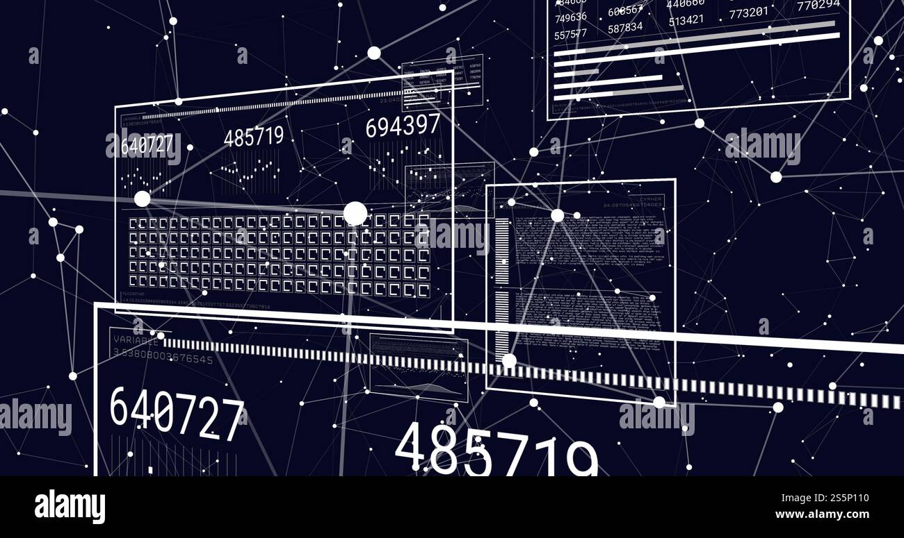 Immagine di schermi con elaborazione dati su sfondo scuro Foto Stock