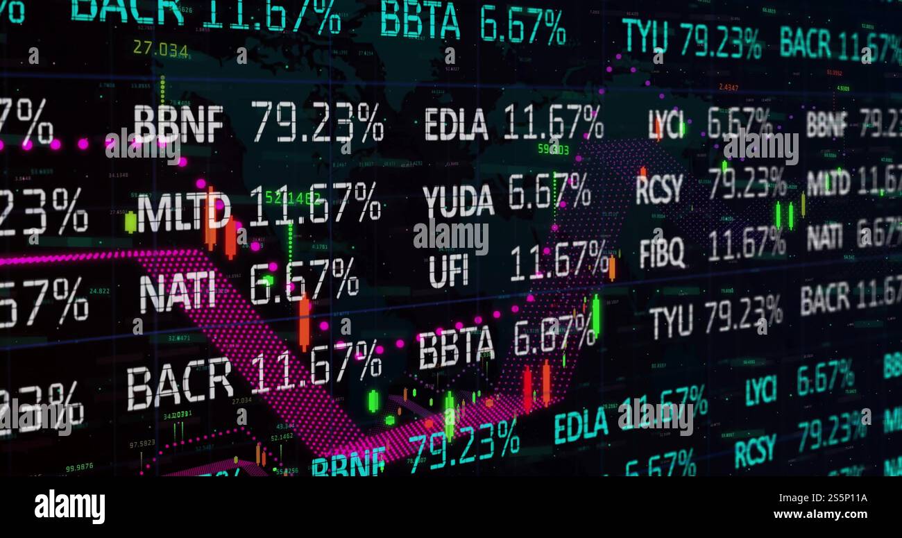 Immagine dell'elaborazione dei dati finanziari su sfondo nero Foto Stock