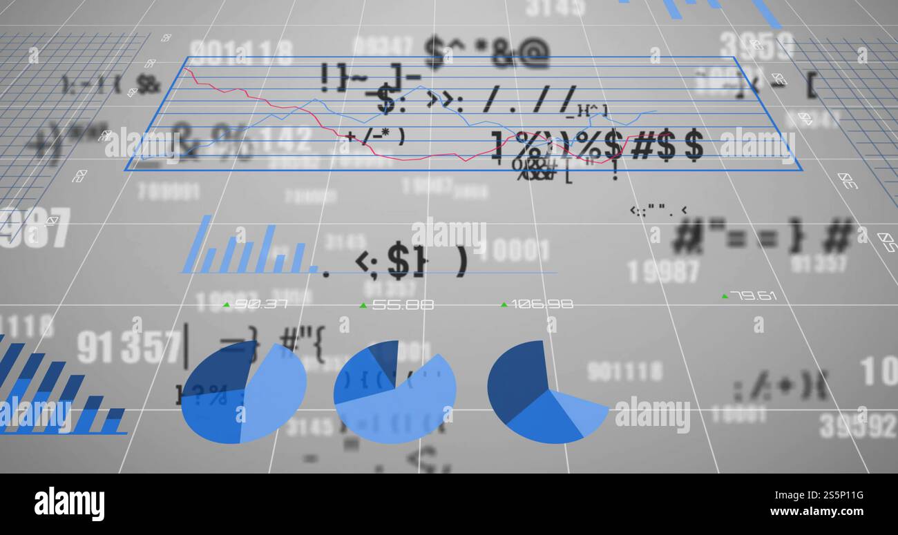 Immagine dell'elaborazione dei dati finanziari su griglia su sfondo grigio Foto Stock