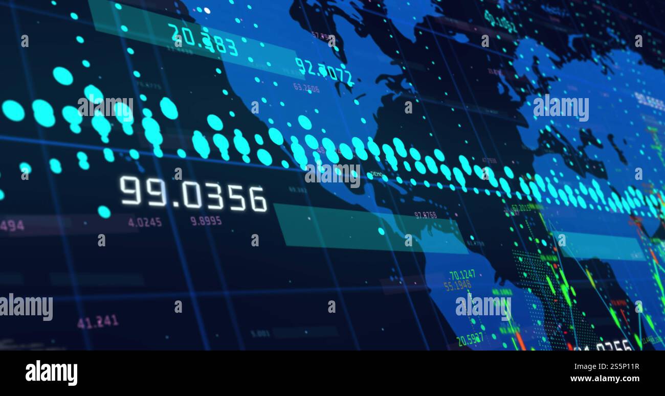 Immagine della mappa del mondo con elaborazione dati su sfondo scuro Foto Stock