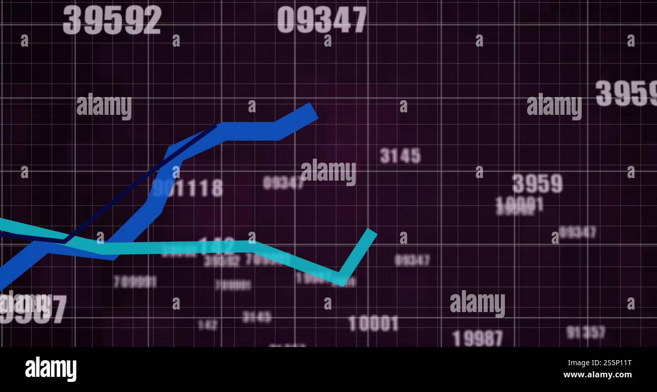 Immagine dell'elaborazione dei dati finanziari su griglia su sfondo nero Foto Stock