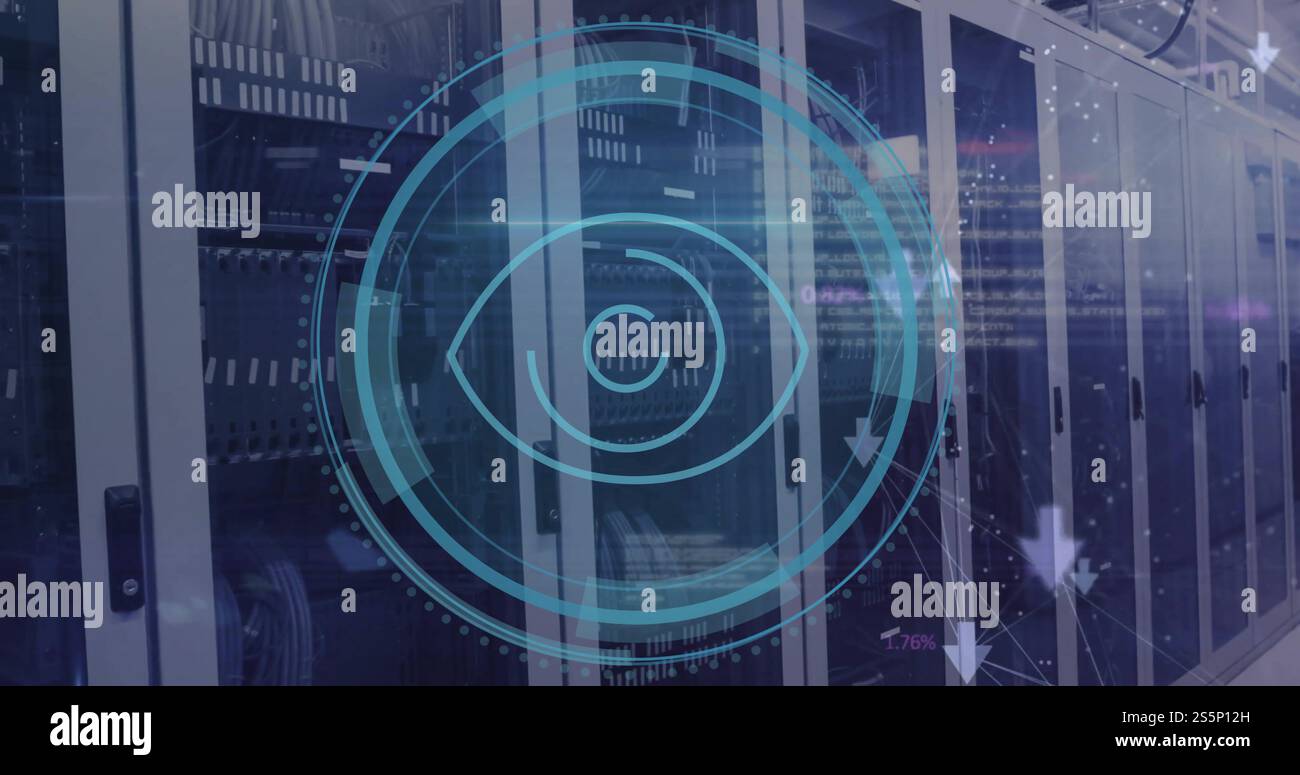 Immagine dell'oscilloscopio con icona di ricerca ed elaborazione dei dati su server informatici Foto Stock