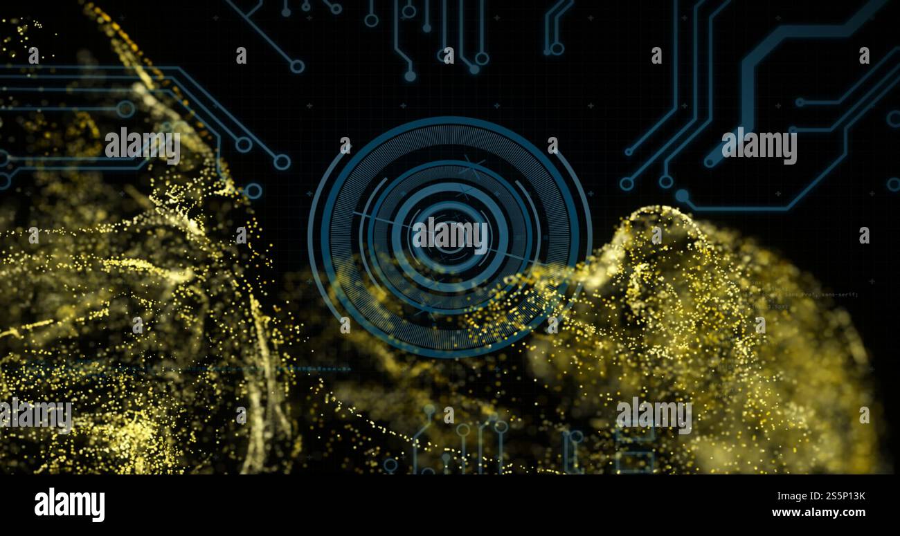 Immagine dell'elaborazione digitale dei dati e dell'oscilloscopio su circuito stampato e fiamme Foto Stock