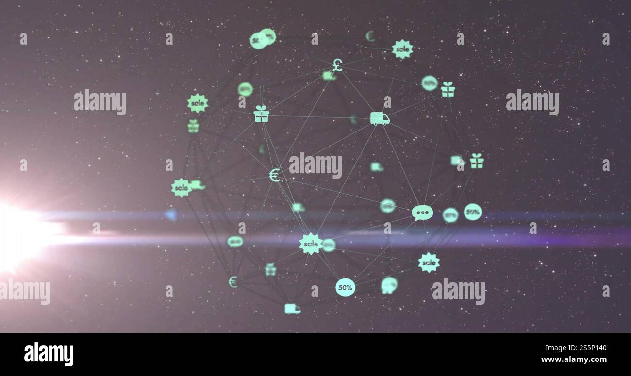 Immagine della rete con icone e lucchetto su sfondo scuro Foto Stock