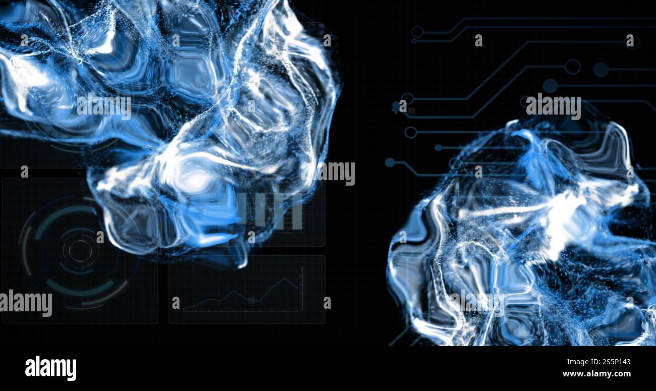 Immagine dell'elaborazione digitale dei dati e dell'oscilloscopio su circuito stampato e fiamme Foto Stock