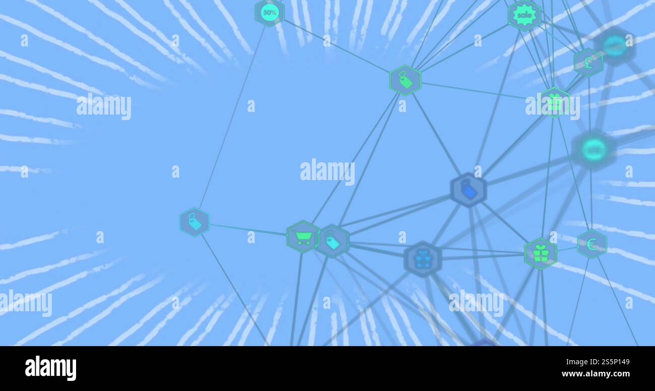 Immagine della rete con icone e connessioni su sfondo blu Foto Stock