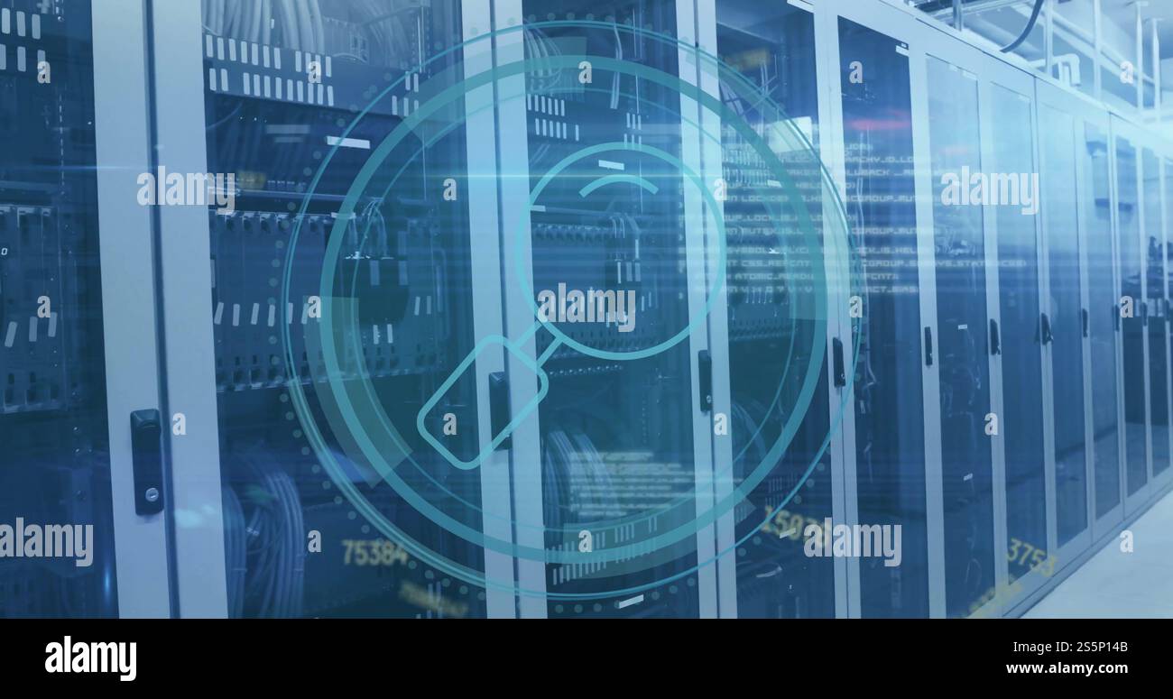 Immagine dell'oscilloscopio con icona di ricerca ed elaborazione dei dati su server informatici Foto Stock