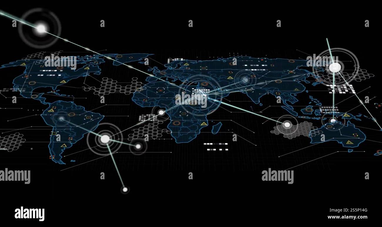 Immagine della rete di connessioni con icone sulla mappa del mondo Foto Stock