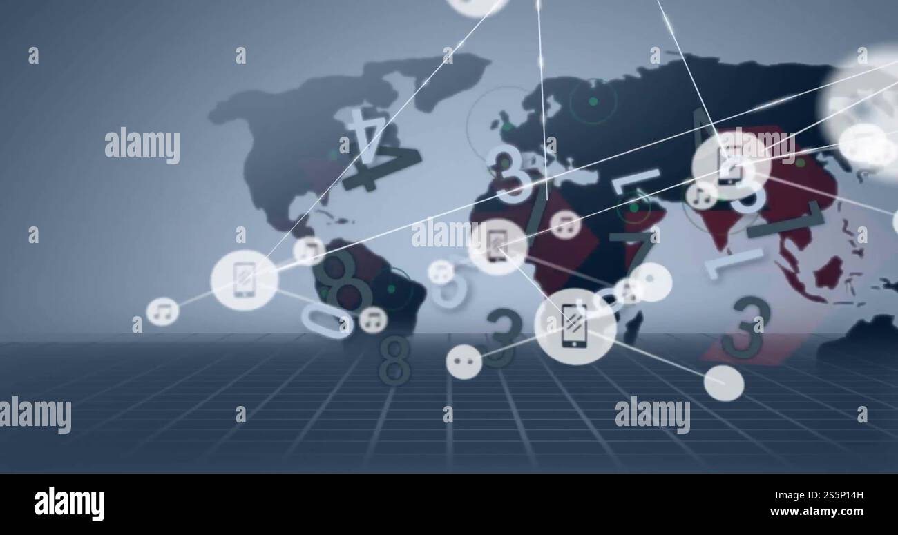 Immagine della rete di connessioni con icone sulla mappa del mondo Foto Stock