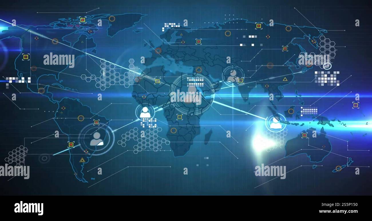 Immagine della rete di connessioni con icone sulla mappa del mondo Foto Stock