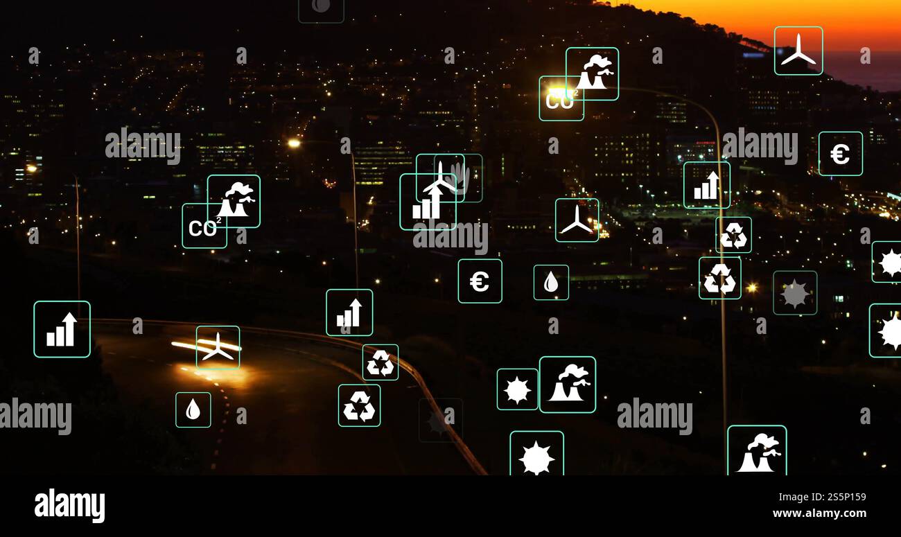 Immagine di icone ecologiche sulle auto per strada Foto Stock