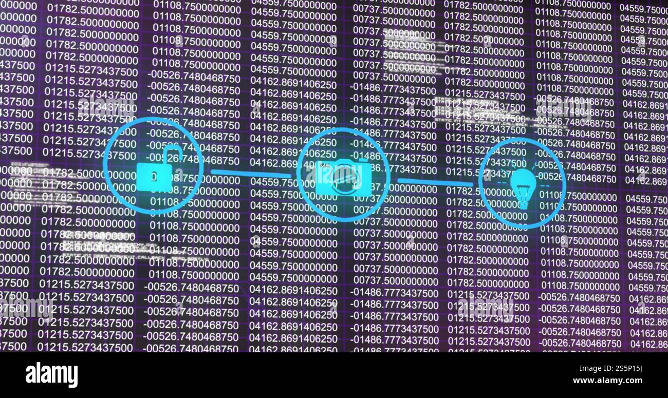 Immagine della rete con icone ed elaborazione dei dati su sfondo scuro Foto Stock