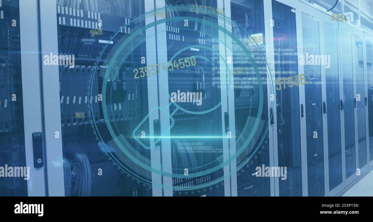 Immagine dell'oscilloscopio con icona di ricerca ed elaborazione dei dati su server informatici Foto Stock
