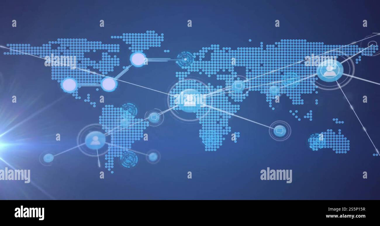 Immagine della rete di connessioni con icone sulla mappa del mondo Foto Stock