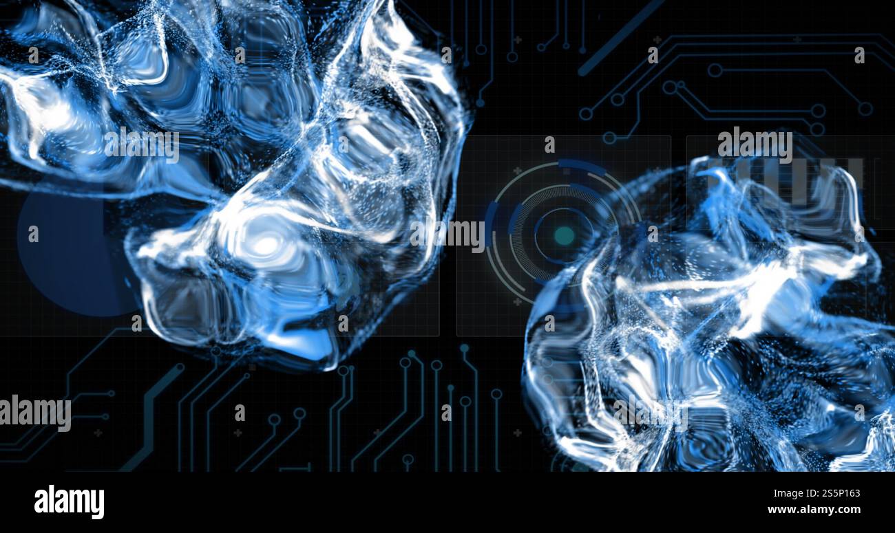 Immagine dell'elaborazione digitale dei dati e dell'oscilloscopio su circuito stampato e fiamme Foto Stock