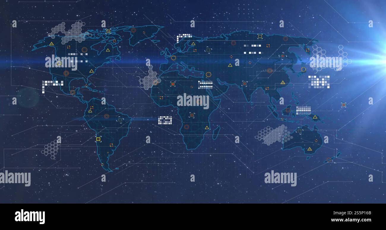 Immagine dell'elaborazione dei dati sulla mappa mondiale su sfondo scuro Foto Stock