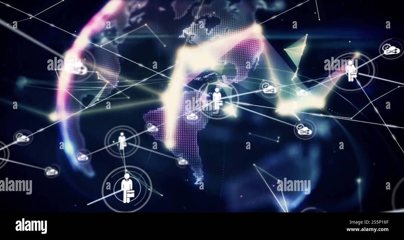 Immagine della rete di connessioni con icone in tutto il mondo Foto Stock