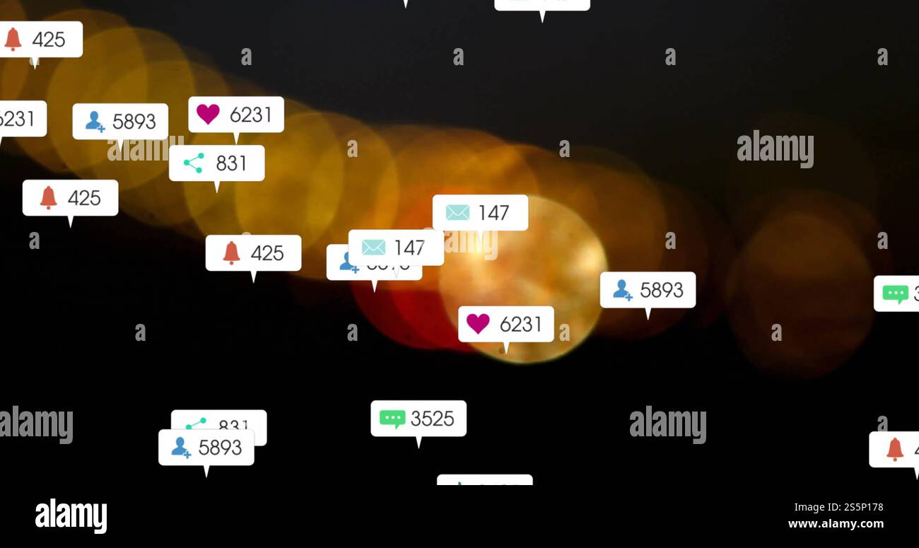 Immagine delle icone dei social media con numeri crescenti su macchie luminose su sfondo nero Foto Stock