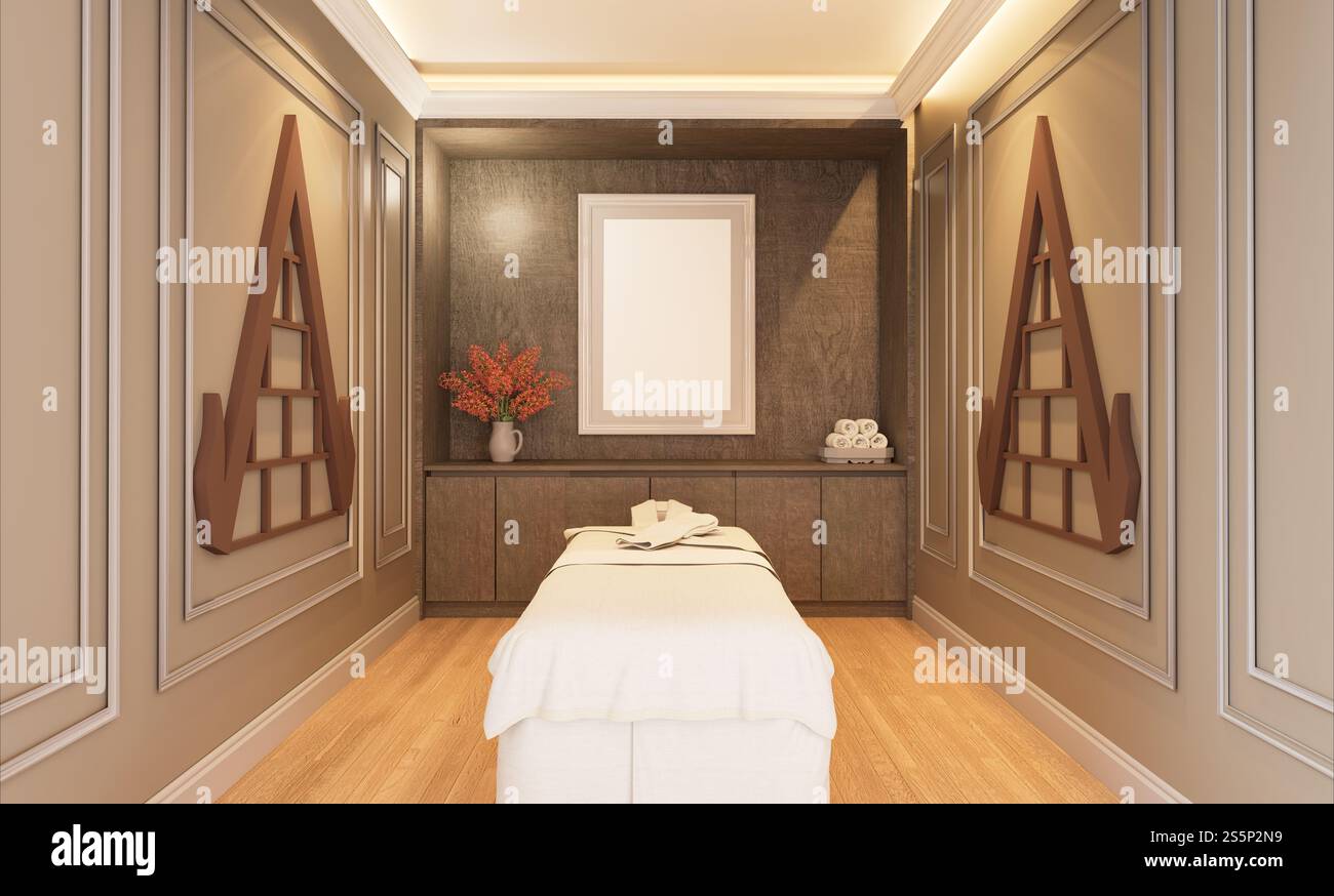 Cornice fotografica con illustrazione 3D in mockup nella sala massaggi del centro benessere, design e decorato con mobili confortevoli e rilassato, rendering Foto Stock