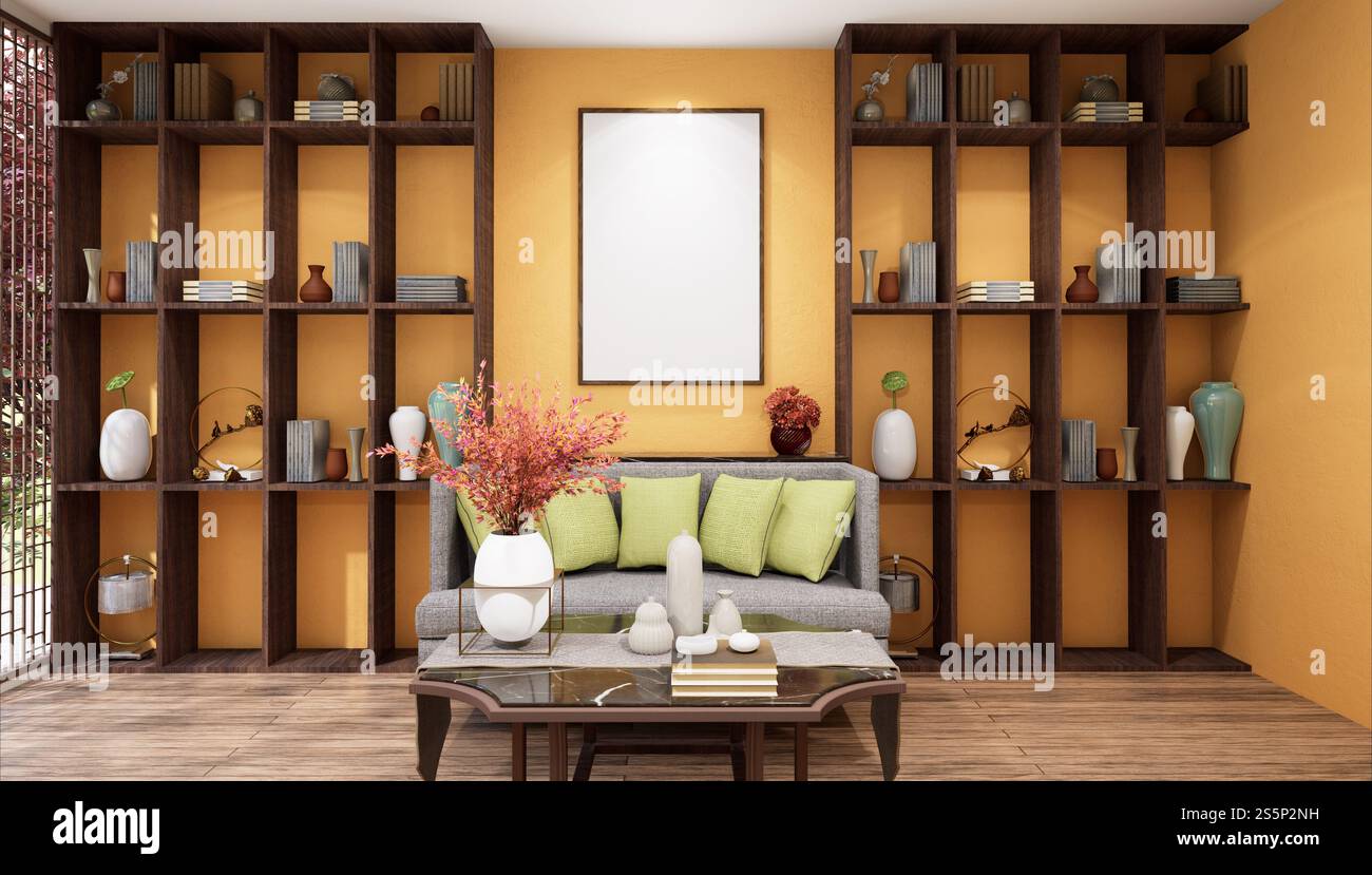 Cornice fotografica con illustrazione 3D in mockup nella sala massaggi del centro benessere, design e decorato con mobili confortevoli e rilassato, rendering Foto Stock