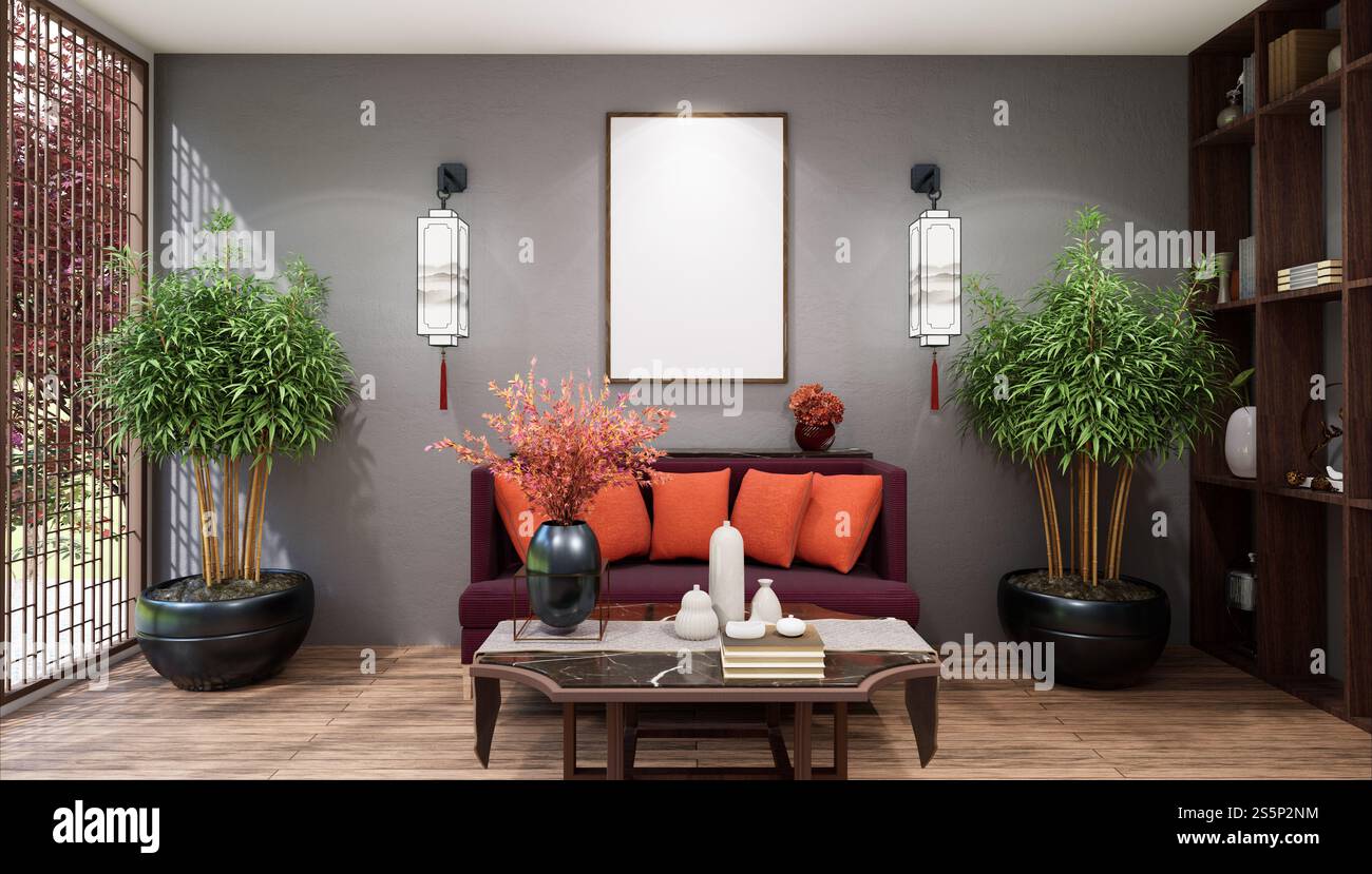 Cornice fotografica con illustrazione 3D in mockup nella sala massaggi del centro benessere, design e decorato con mobili confortevoli e rilassato, rendering Foto Stock