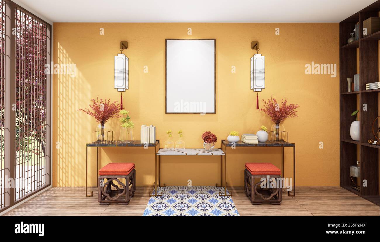 Cornice fotografica con illustrazione 3D in mockup nella sala massaggi del centro benessere, design e decorato con mobili confortevoli e rilassato, rendering Foto Stock