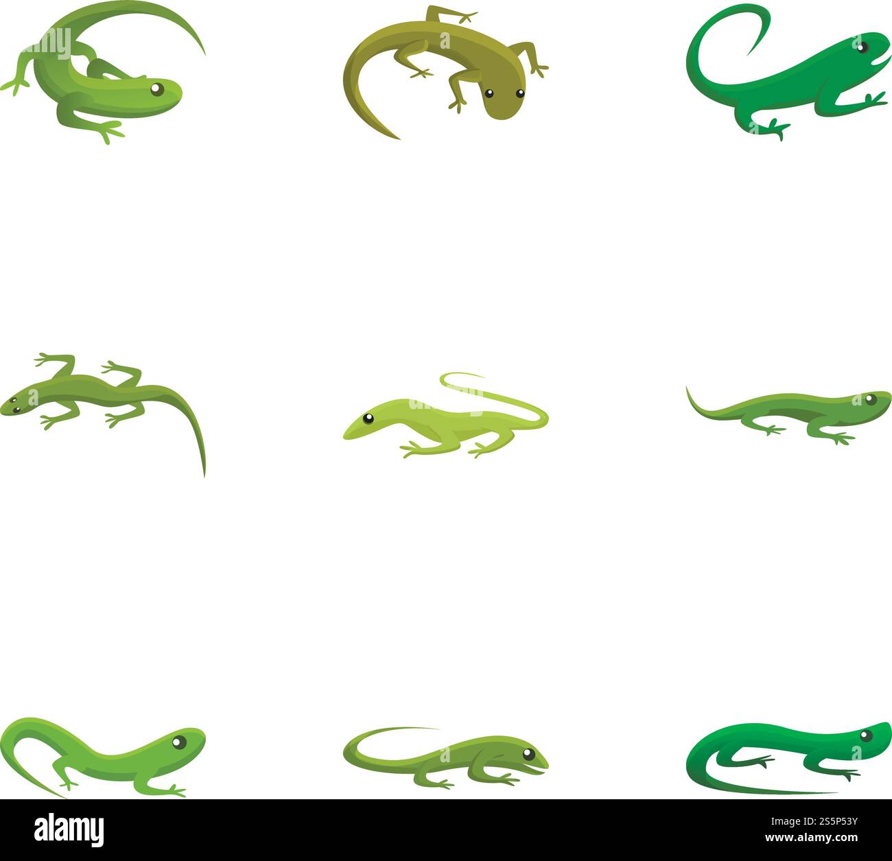 Set di icone di lucertola tropicale. Set di 9 icone vettoriali di lucertola tropicale per il web design isolate su sfondo bianco. Set di icone di lucertola tropicale, stile cartoni animati Illustrazione Vettoriale