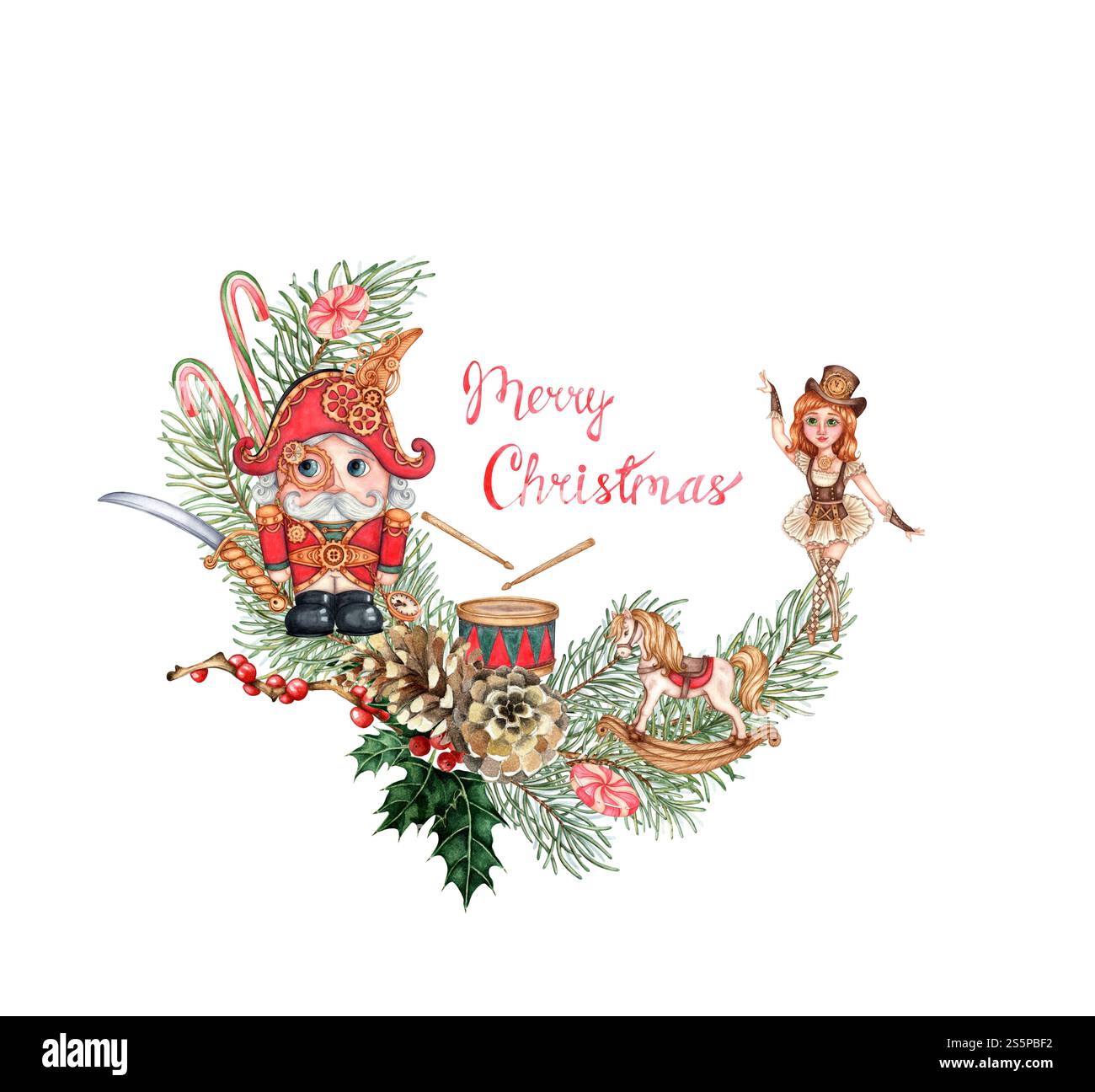 Spandiconcime e ballerina di corna di abete rosso, agnello, bacche, tamburo, sciabola, caramello, illustrazione ad acquerello. Piante forestali per Natale e Capodanno invernali Foto Stock