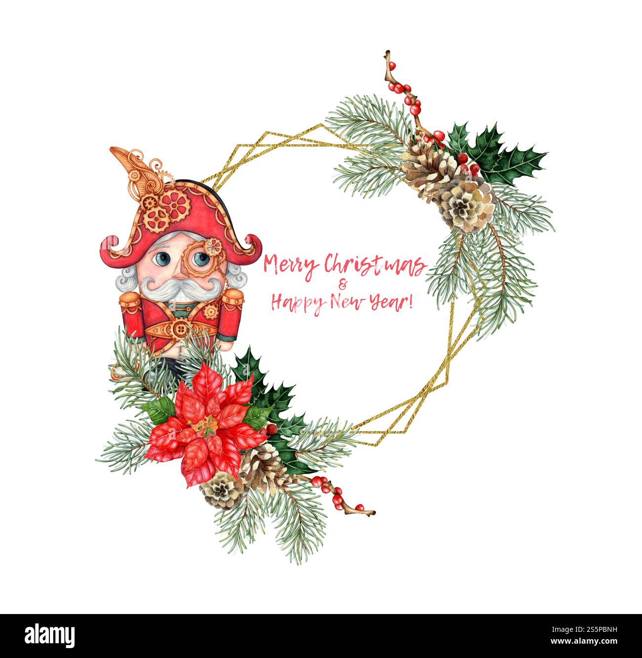 Ghirlanda di abete rosso per lo schiaccianoci steampunk con agnello, bacche rosse, caramello, acquerello Poinsettia. Decorazioni natalizie isolate dal backgroun Foto Stock