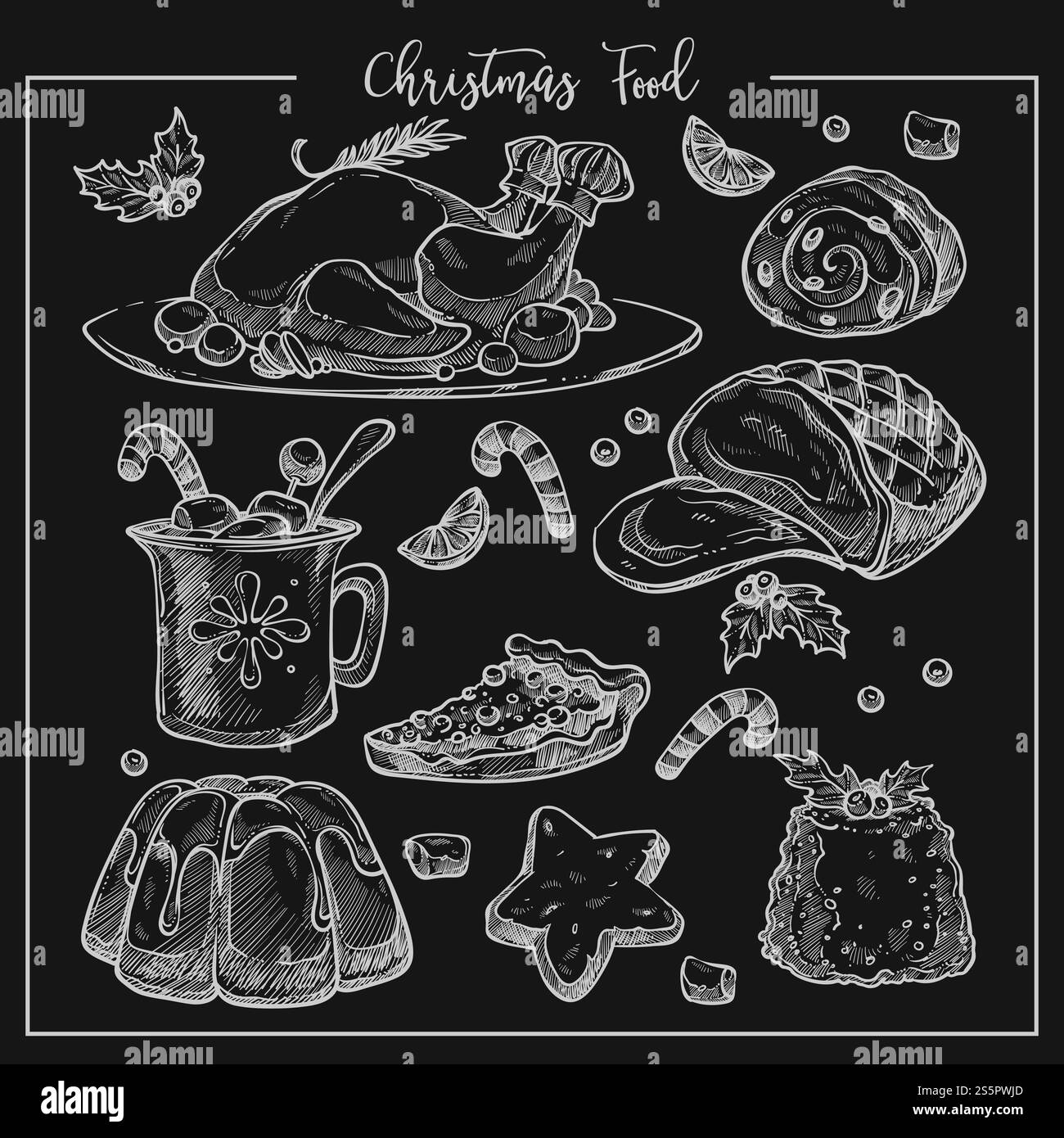 Menu della cena tradizionale di Natale, illustrazione vettoriale, set di piatti. Modello di elementi di design per ristoranti e caffetterie invernali. Dessert e bevande natalizie, gelatina, pan di zenzero e tacchino fritto. Menu della cena tradizionale di Natale, illustrazione vettoriale, set di piatti. Illustrazione Vettoriale